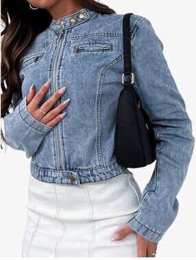 Stretchy Cropped Jean Jacket Zip Front Motorcycle Short Light Wash Denim Jacket